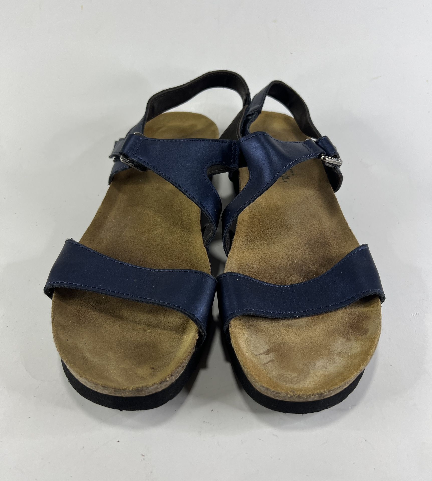 Naot Sandals Women's 41 Pamela Strappy Wedge Heels Blue Madras Leather Open Toe