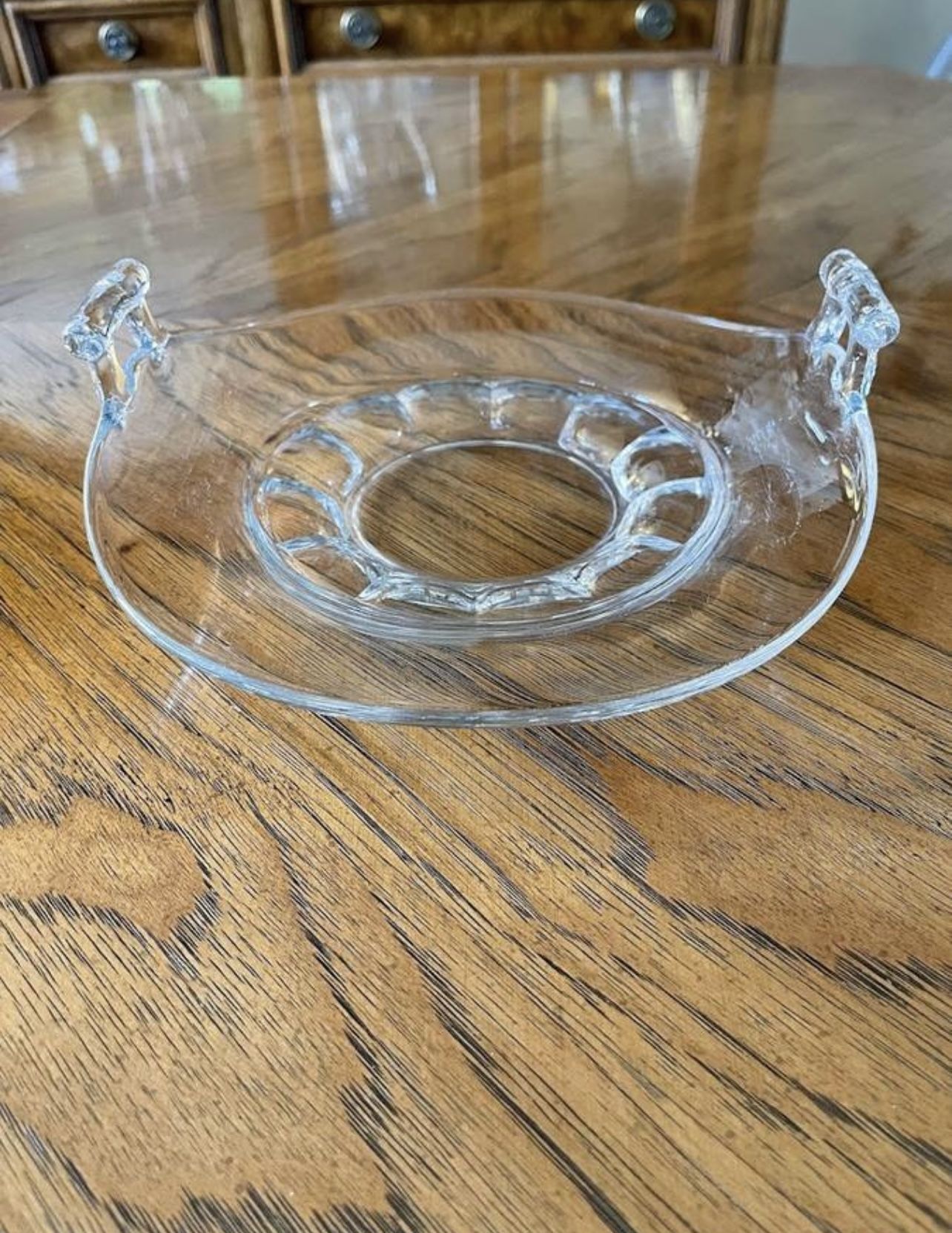 Vintage Curved Glass Fruit Bowl, Centerpiece, Platter with Handles
