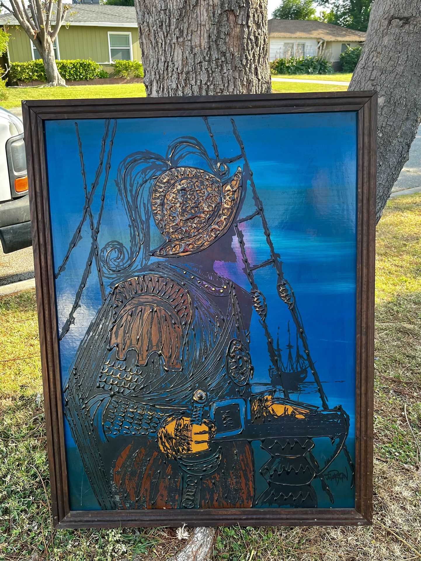 MCM Spanish Revival Conquistador Textured Oil Drip Painting