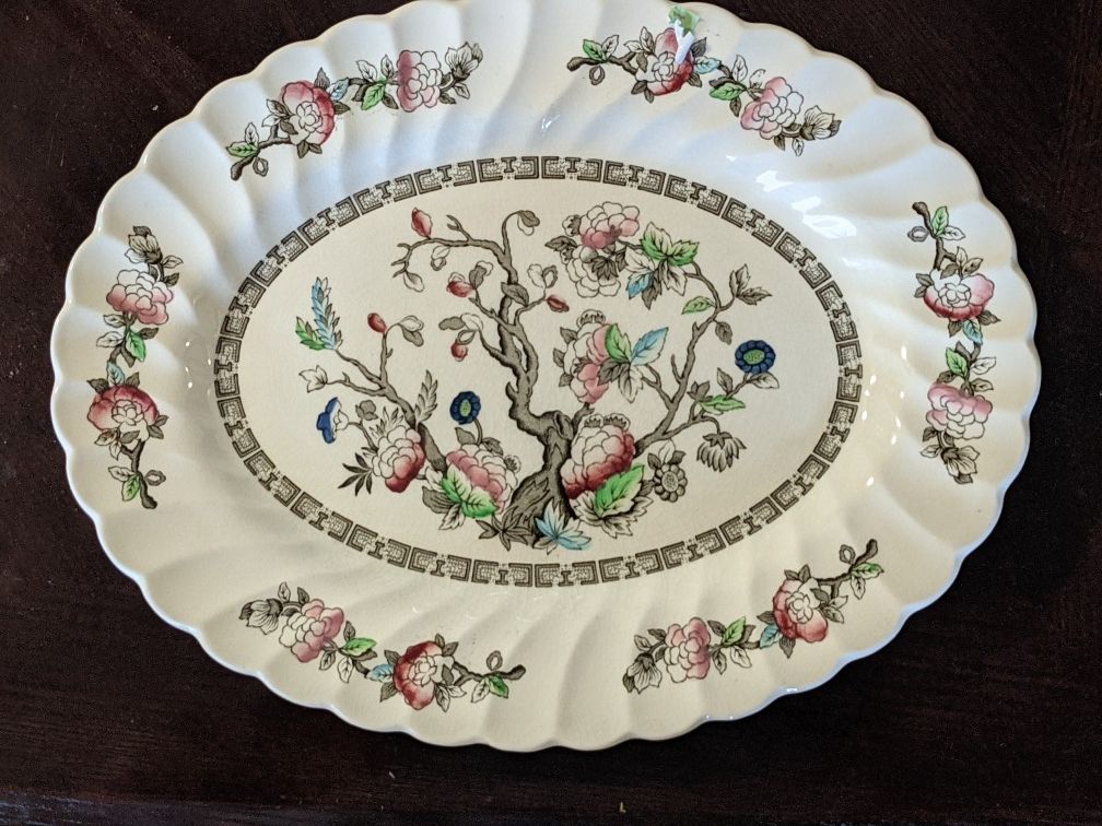 Antique Staffordshire England Indian Tree 12-in Oval Platter Scalloped Edges