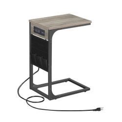 TUTOTAK C Shaped End Table with Charging Station, Side Table for Sofa, Couch Table with Storage Bag, TV Tray Table with 2 USB Ports and Outlets