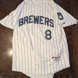 MILWAUKEE BREWERS RYAN BRAUN Jersey Men 50 MLB Baseball Majestic Pinstripe Sewn 