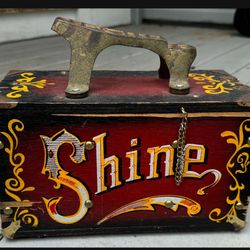 Vintage Shoe Shine Box with Brass Shoe Stand, 5 Cent Carnival Style Box
