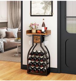 (F-30) IBUYKE Wine Rack Freestanding Floor,15 Bottles,Glass Holder,Brown TMJ908H Mini Bar Table Wine Cabinet with Storage Drawer Liquor Bottle Holder 