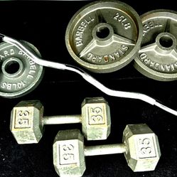 WEIGHTS - 35 LB  DUMBELLS (x2)  +  EZ CURL BARBELL SET: EZ CURL BAR, 25 LB PLATES (x2), 10 LB PLATES (x2) 