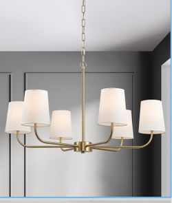 6-Light Brushed Gold Pendant Chandelier with White Linen Shades, E12 Base - Farmhouse & Industrial Style for Kitchen, Living Room, Dining Room, or Bed