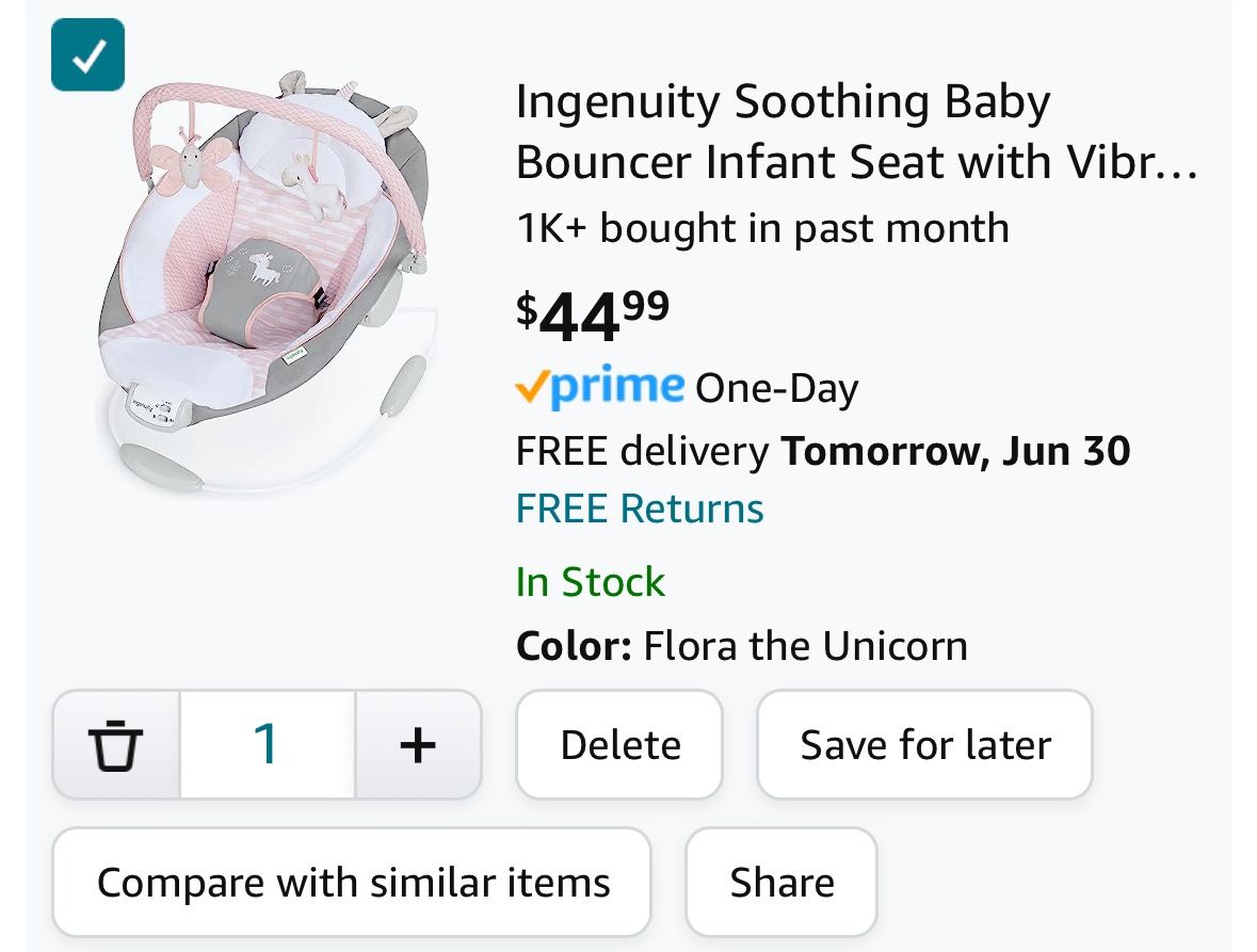 Ingenuity Soothing Baby Bouncer Infant Seat with Vibrations, -Toy Bar & Sounds, 0-6 Months Up to 20 lbs (Pink Flora the Unicorn)