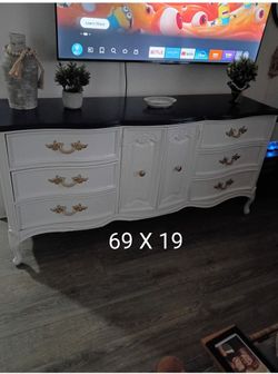 ***IF THE APP Solid wood refinished dresser/buffet table. White with navy blue top.