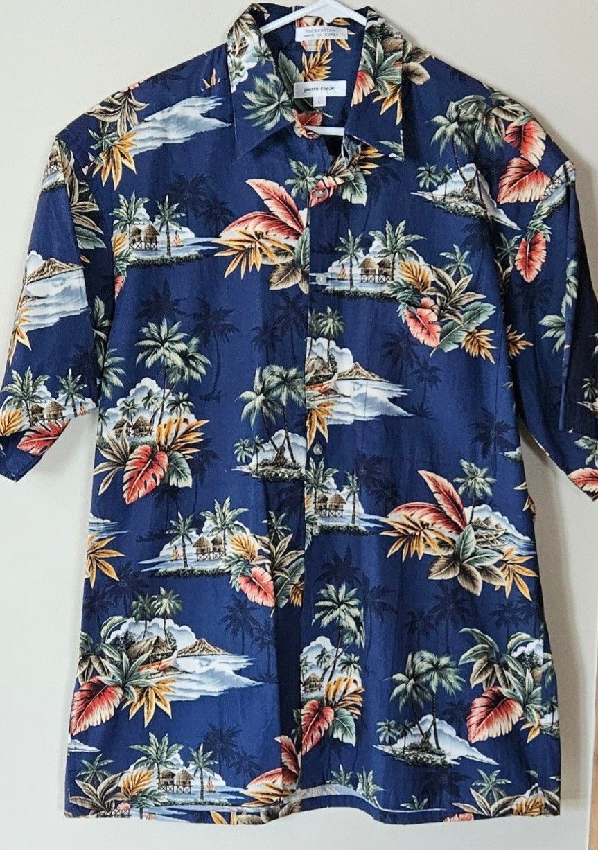 Large Pierre Cardin Mens Shirt Hawaiian Print Palm Beach Tropical 100% Cotton Blue