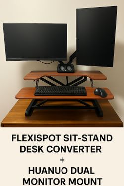 “FlexiSpot Sit-Stand Desk Converter + Brand New HUANUO Dual Monitor Arm – Ergonomic Office Bundle