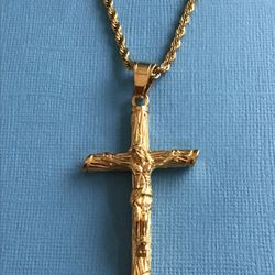 Men’s Gold On Stainless Steel Detailed Crucifix Pendant On Rope Chain *Pickup Boca Raton Or Ship Nationwide
