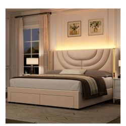 Homfa Queen Size LED Bed Frame with 2 Drawer Storage, Wingback Platform Bed with Velvet Upholstered Headboard, Off-White