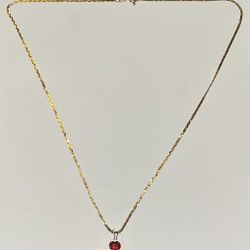 14K Yellow Gold Flat Link Necklace & Red Heart Pendant Set 
