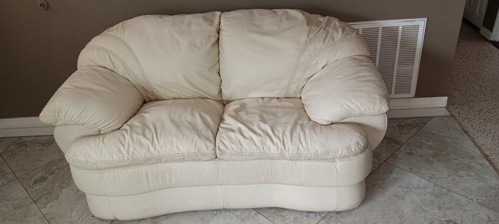 Beige Leather Loveseat