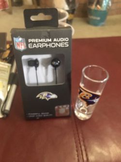 Baltimore Ravens shot glass and earphones