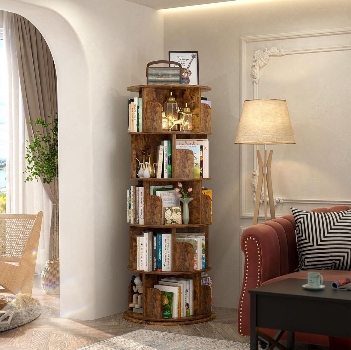 Orange Rotation Bookcase Rotating Bookshelf, 360 Display Wood Spinning Bookshelf Tower, 5 Tier ...