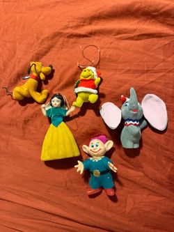 1970s Disney Flocked Christmas Ornaments Pooh Dumbo Snow White Pluto Dopey