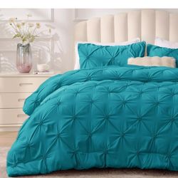 BEDELITE Teal Queen Comforter Set - 3 Pieces Boho Pintuck Bedding Comforter Sets, Lightweight Soft & Warm Bed Comforter Queen with 2 Pillowcases for A