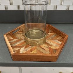 Food Serving Tray Wood And Large Candle Holder 