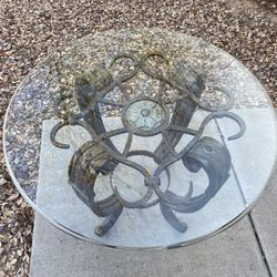 Round Accent End Side Table Glass Top Bronze Metal Decorative Floral Medallion Base