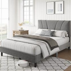 Brand New Queen Upholstered Platform Bed Frame with Adjustable Headboard - Grey
