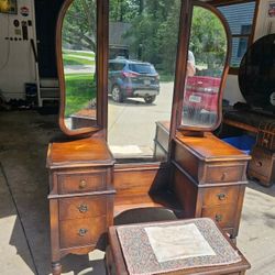 Antique TRI-FOLD Vanity Dresser with Bench