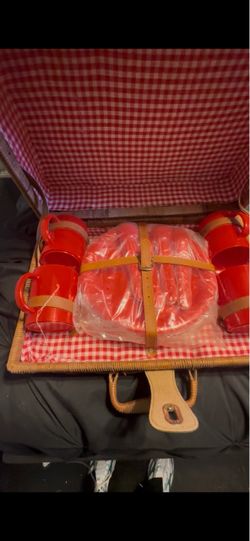 Wicker Picnic Basket Set with Red Accessories