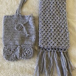 Gray Sparkly Pouch Bag With Granny Squares With The Matching Scarf