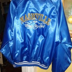 Men’s Vintage Throwback Blue Satin Nashville Music City USA Bomber Jacket Sz XL