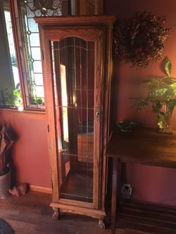 Gorgeous Vintage Leaded Glass Wood Curio, Lighted, Glass Shelves
