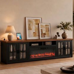 86" Wood Fireplace TV Stand, Black Entertainment Center with 36" WI-FI Electric Fireplace,Modern TV Media Console with Tempered Glass Doors for Living
