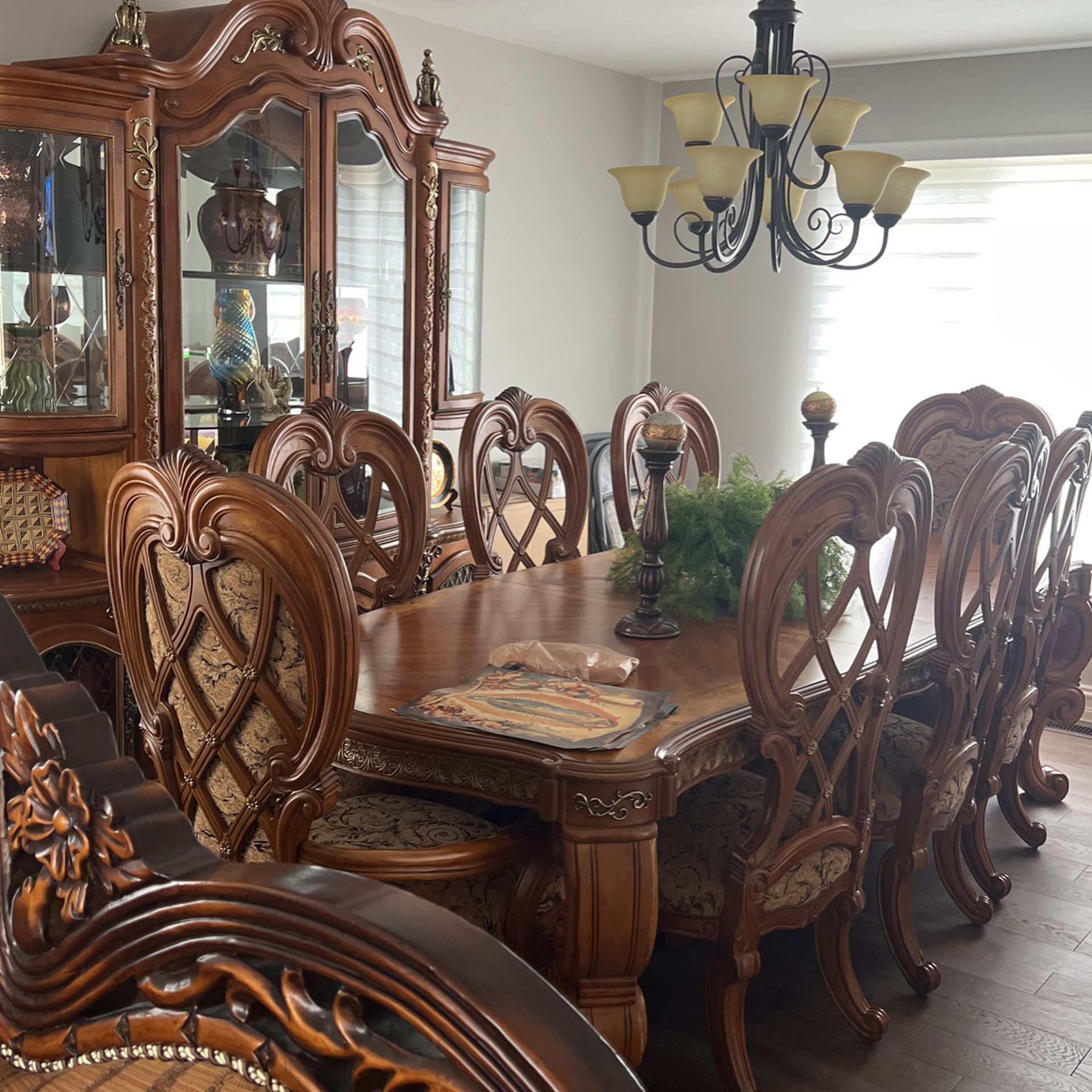 8 Piece Dining Table With Chairs And Big Armoire 