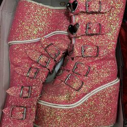 Pink Glitter Size 9 Woman’s Platform Demonia Boots