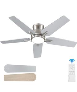 42 Inch Ceiling Fans with Lights and Remote, Brushed Nickel Flush Mount Low Profile Ceiling Fan for Bedroom, Living Room, Patio, Dimmable 6 Speeds Noi