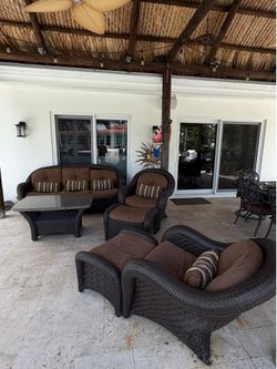 FREE Outdoor Wicker Patio Set – Sofa, 2 Chairs, 2 Ottomans & Coffee Table