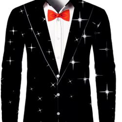 Men'S Black 3D Star Print White Star Pattern Long Sleeve Shirt & Buttoned Suit Jacket - Machine Washable All-Season Formal & Casual Wear, Regular Fit 