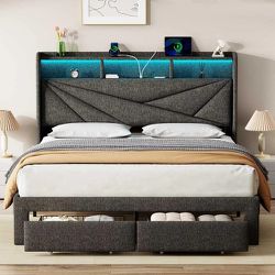 LED King Size Bed Frame with 2 Storage Drawers, Upholstered King Bed Frame with Headboard