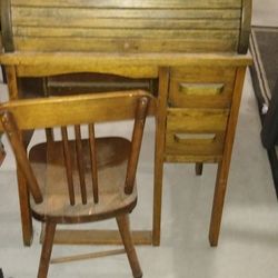 Child's Antique Oak Roll Top Desk Set