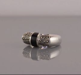 Sterling Silver Rolled Onyx Marcasite Bow Ring 