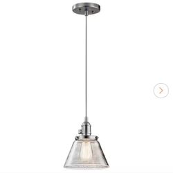 Avery 8 in. 1-Light Brushed Nickel Farmhouse Shaded Kitchen Cone Mini Pendant Hanging Light with Clear Seeded Glass