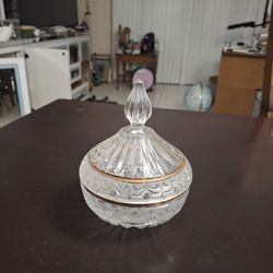 Vintage Enesco Clear Glass Candy Dish Bowl With Lid & Gold Trim 6"H X 4.75"W