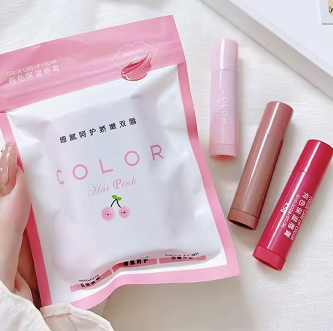 3 Tinted Moisturizing Lip Balms, Rose, Berry & Cherry Red by Color Care K-Beauty