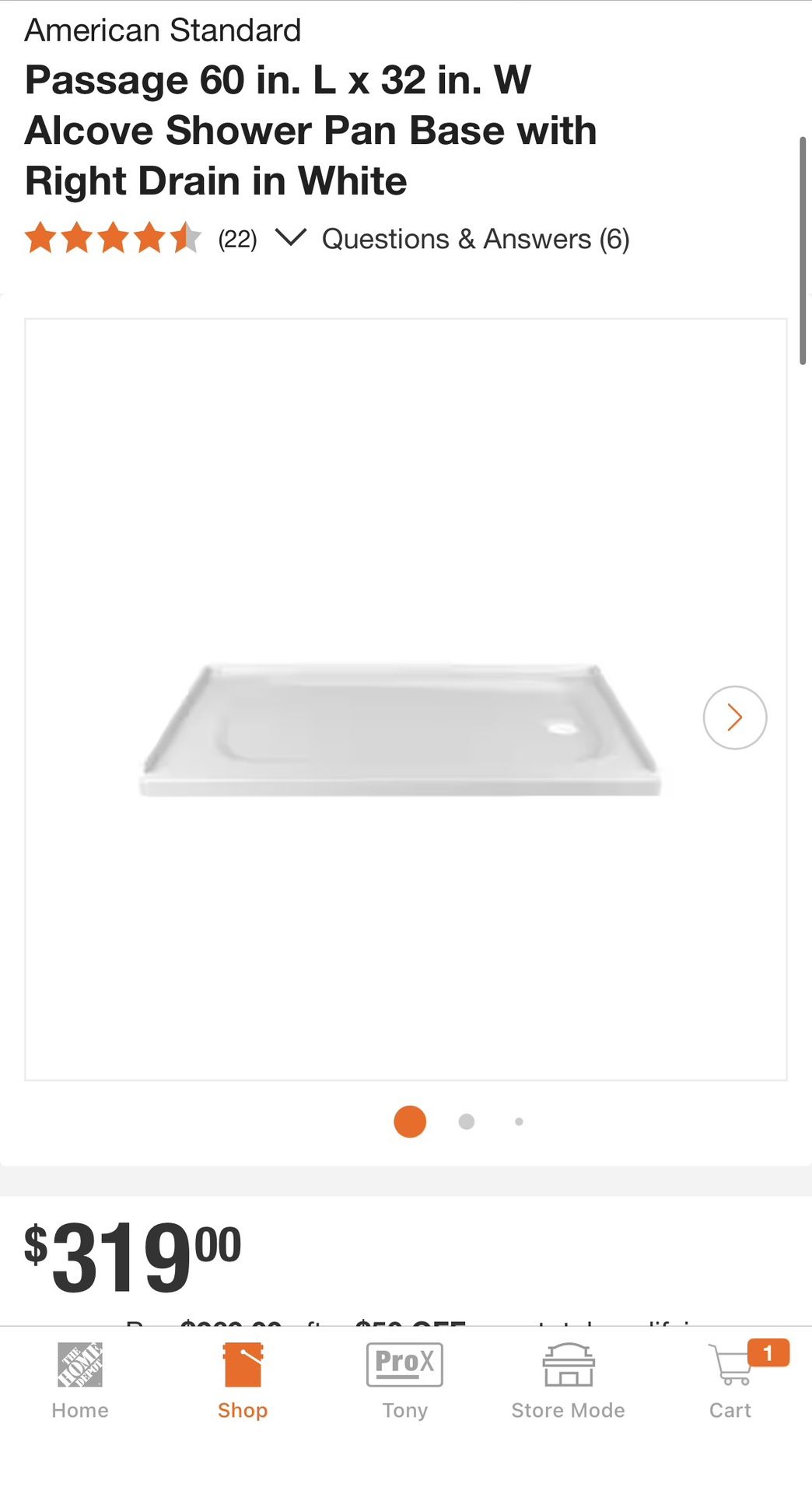 Shower Pan 60x32 American Standard Right Drain