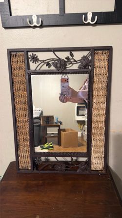 Decorative Wall Mirror with Metal and Wicker Frame