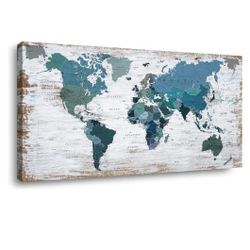 Teal Decor World Map Canvas Wall Art Pictures for Living Room Decoration Blue Wall Decor Office World Map Art Map of the world Picture Framed Artwork 
