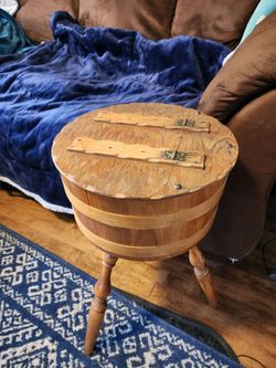 Vintage Cedar Bucket Storage Table / Sewing Stand Rustic Farmhouse Decor