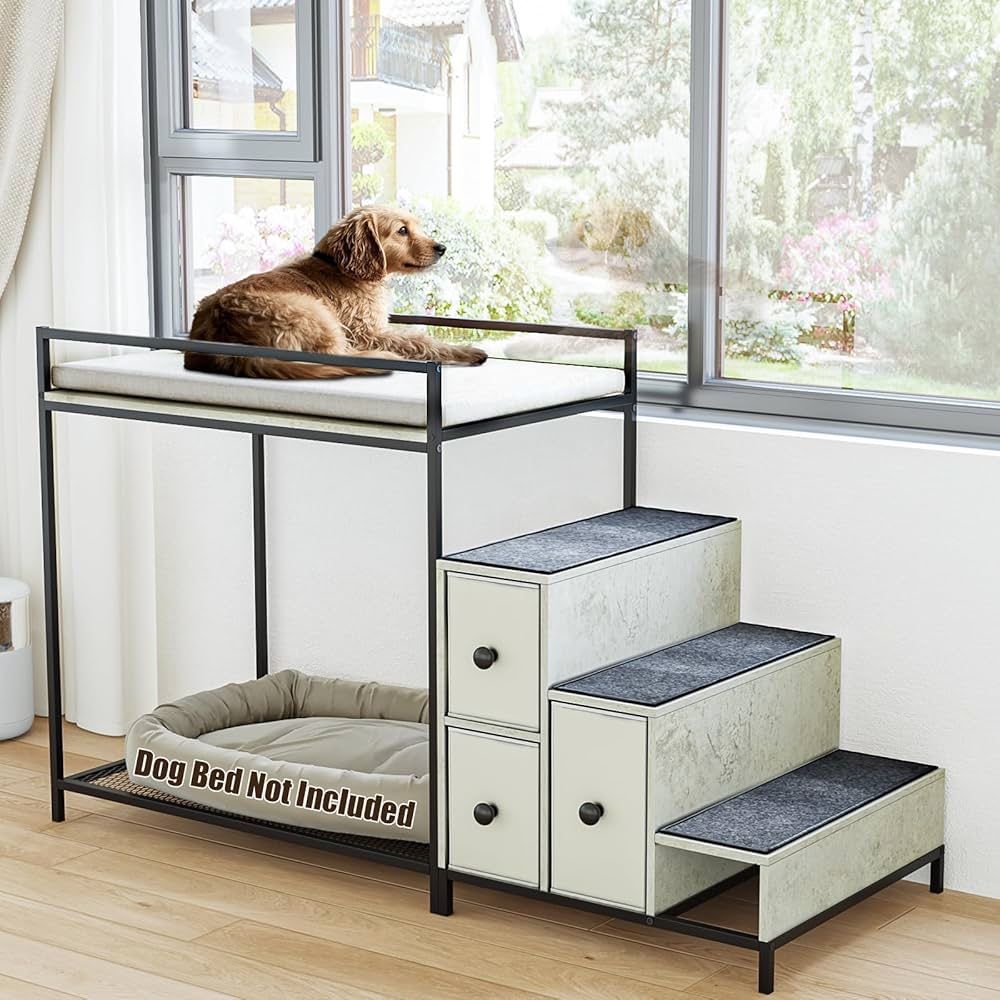Pet Bunk Bed with Stairs and Storage, Dogs/Cats Window Perch, Bedside Lounge Elevated Dog Bed Multi-Level Platform with Foam Upholstery (Gray)