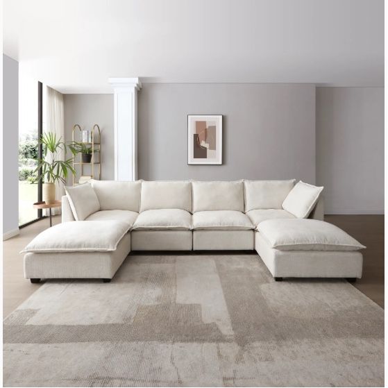 130 Inch Sectional Sofa, Linen Fabric Couch Set With Convertible Ottoman,U Shaped Sofa,comfortable,Freely Combinable Sofa For Living Room, Apa