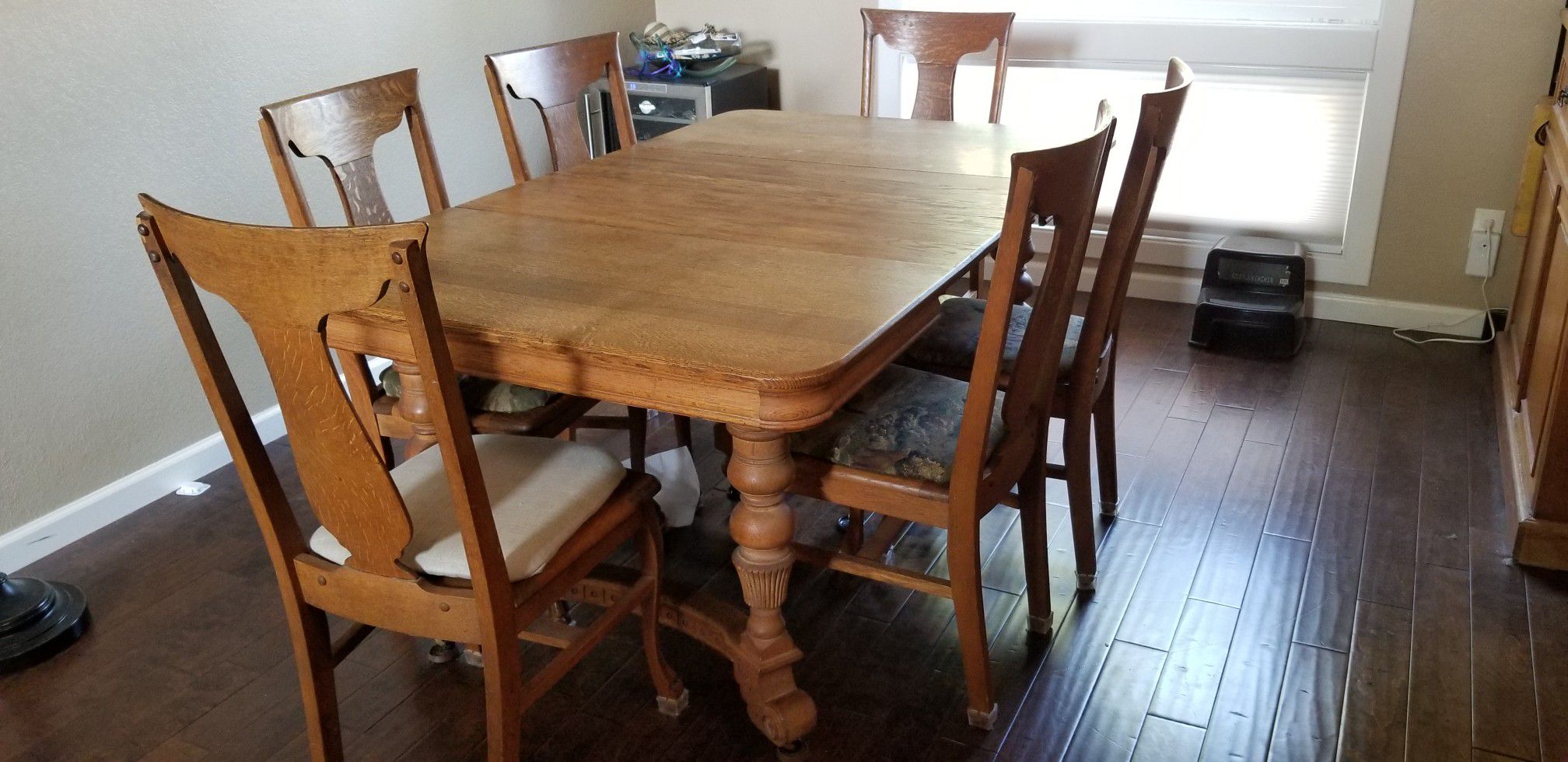 Antique dining table and 6 chairs