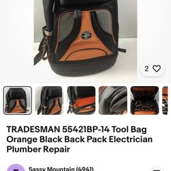 TRADESMAN 55421BP-14 Tool Bag Orange Black Back Pack Electrician Plumber Repair